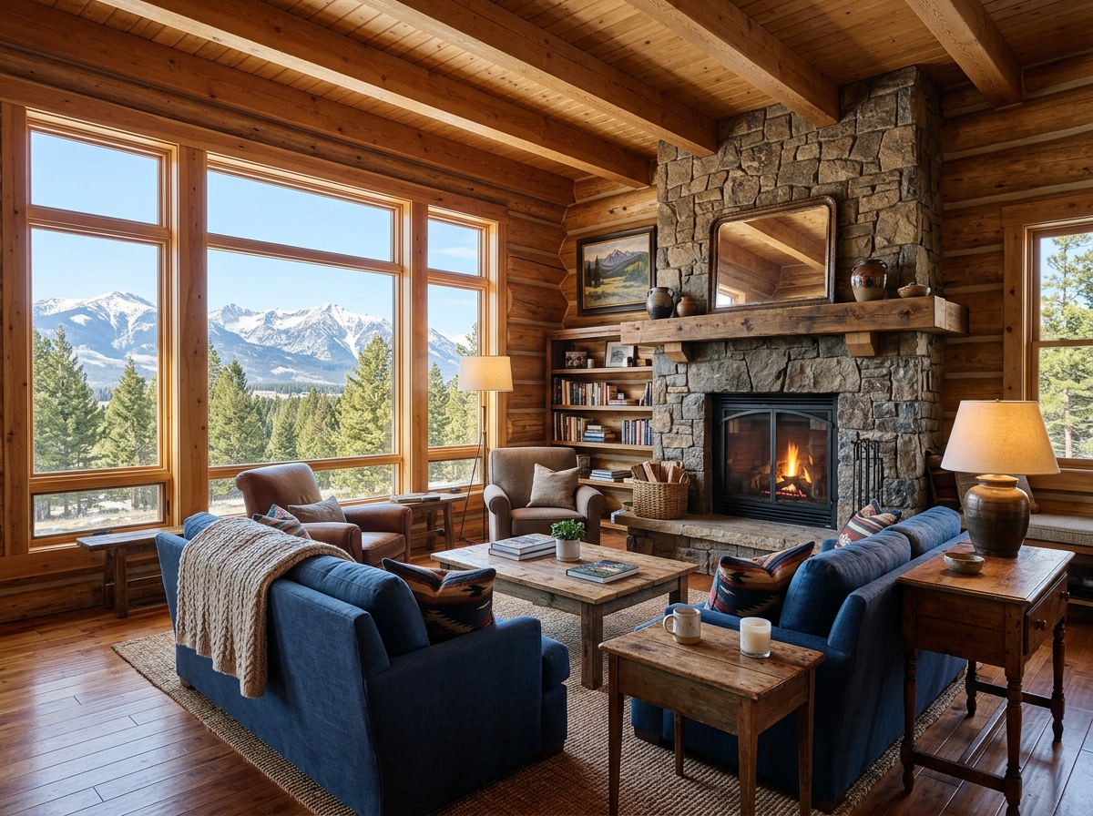 Professional property photography of a cozy, well-lit vacation rental living room in Gallatin Gateway - cost of vacation Professional property photography of a cozy, well-lit vacation rental living room in Gallatin Gateway - cost of vacation