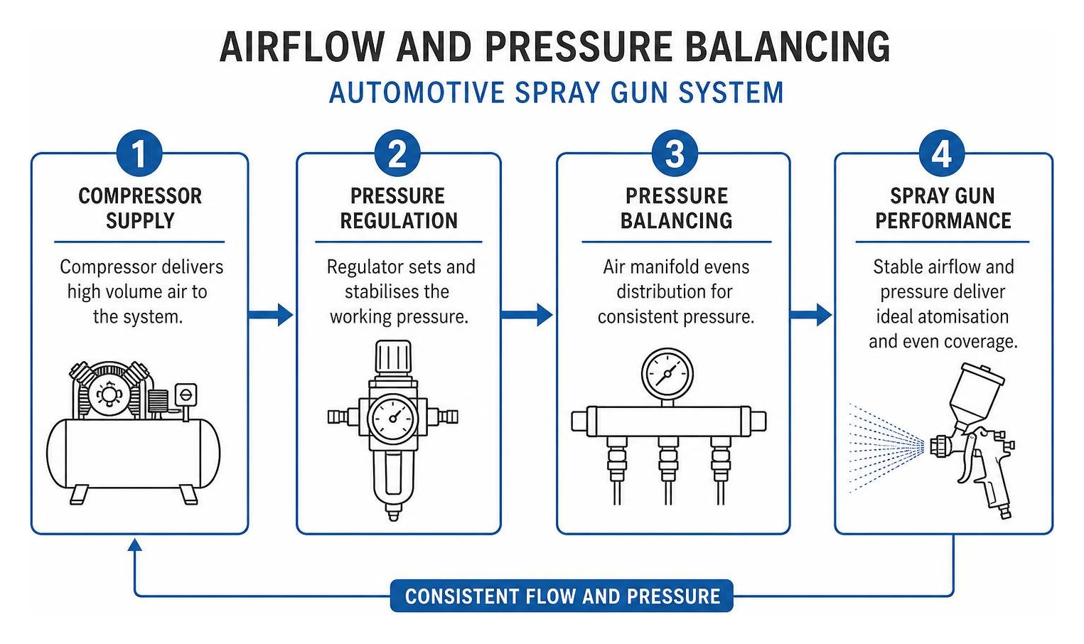 Airflow and pressure balancing process for automotive spray guns