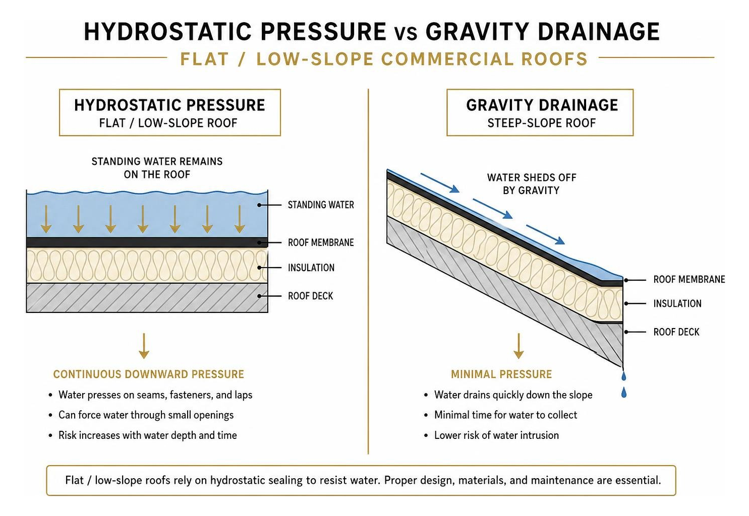 Hydrostatic pressure vs gravity drainage diagram for flat low slope commercial roofs Hydrostatic pressure vs gravity drainage diagram for flat low slope commercial roofs