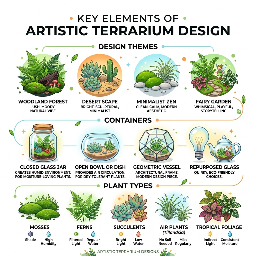 Key elements of artistic terrarium design including themes, containers, and plant types - artistic plant terrarium designs