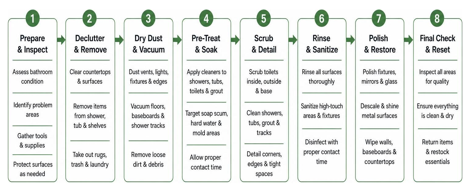diagram showing the step-by-step sequence of a professional bathroom deep cleaning process diagram showing the step-by-step sequence of a professional bathroom deep cleaning process