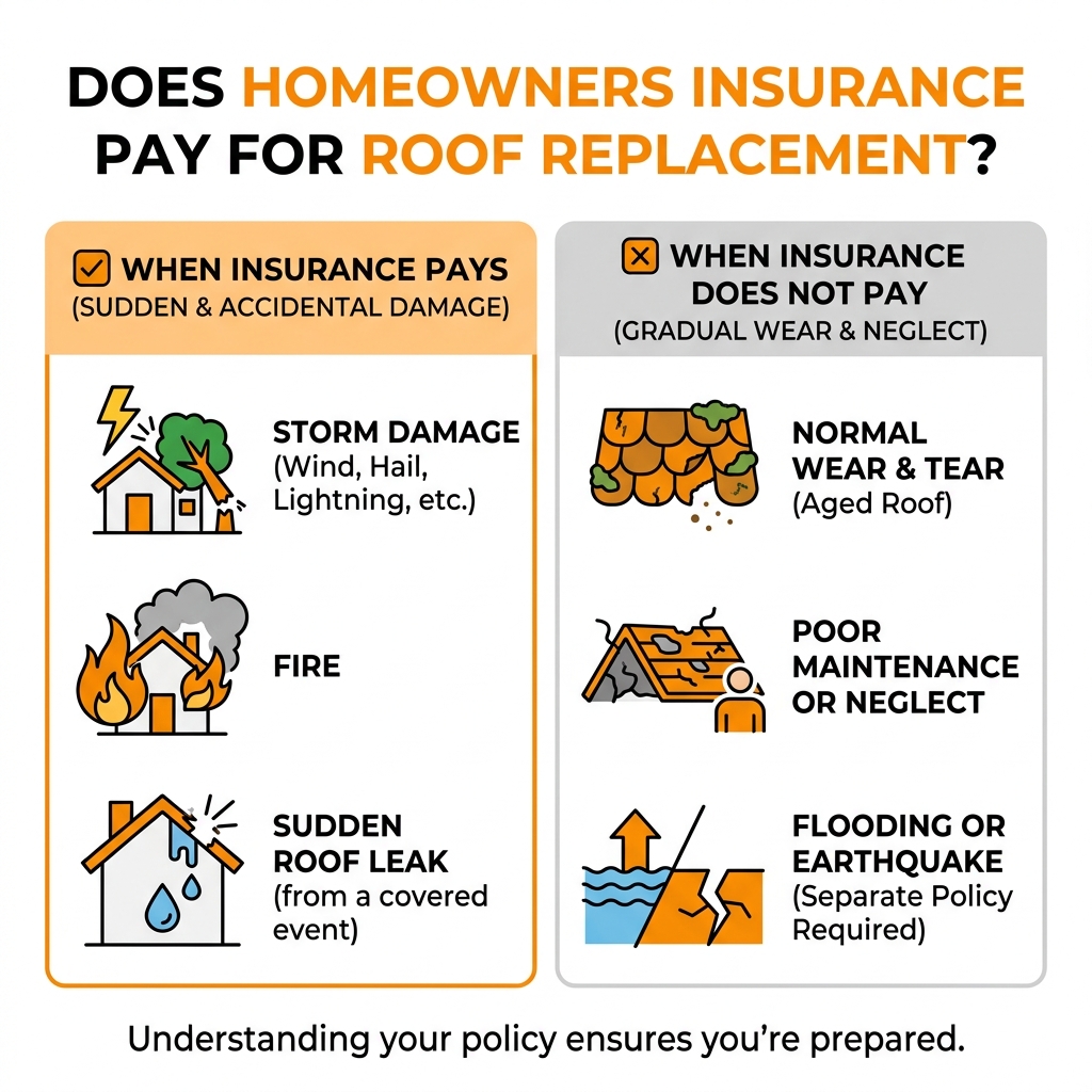Infographic showing when homeowners insurance pays for roof replacement vs. when it doesn't - does homeowners insurance