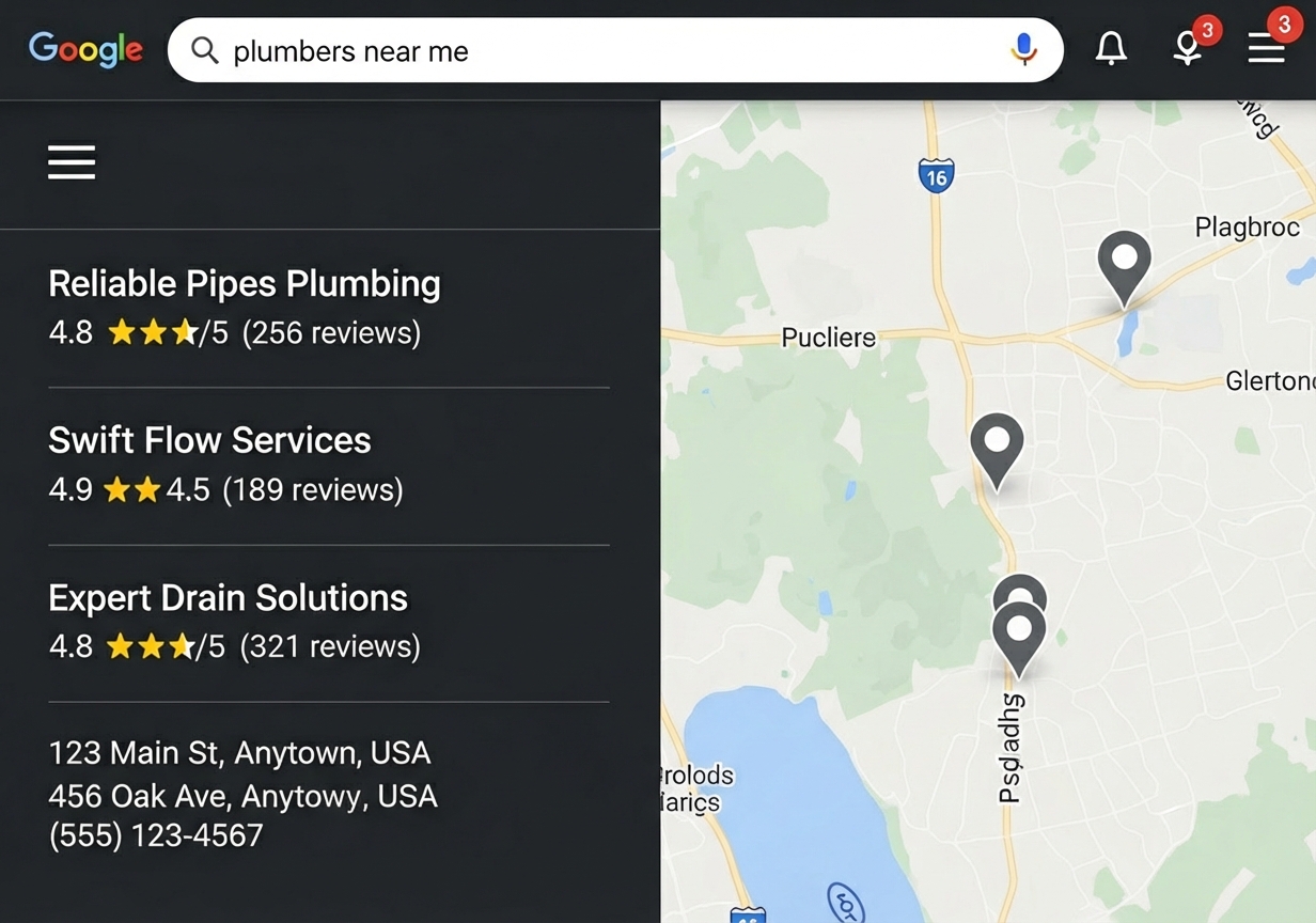 Google Maps "3-Pack" results for a local search like "plumbers near me" - Small Business Online Presence