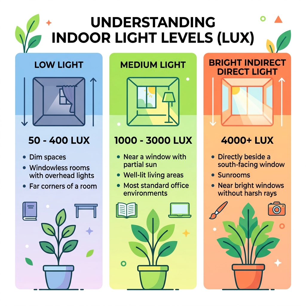 infographic showing low light vs medium vs bright indirect light levels in lux for indoor products - best indoor plants low