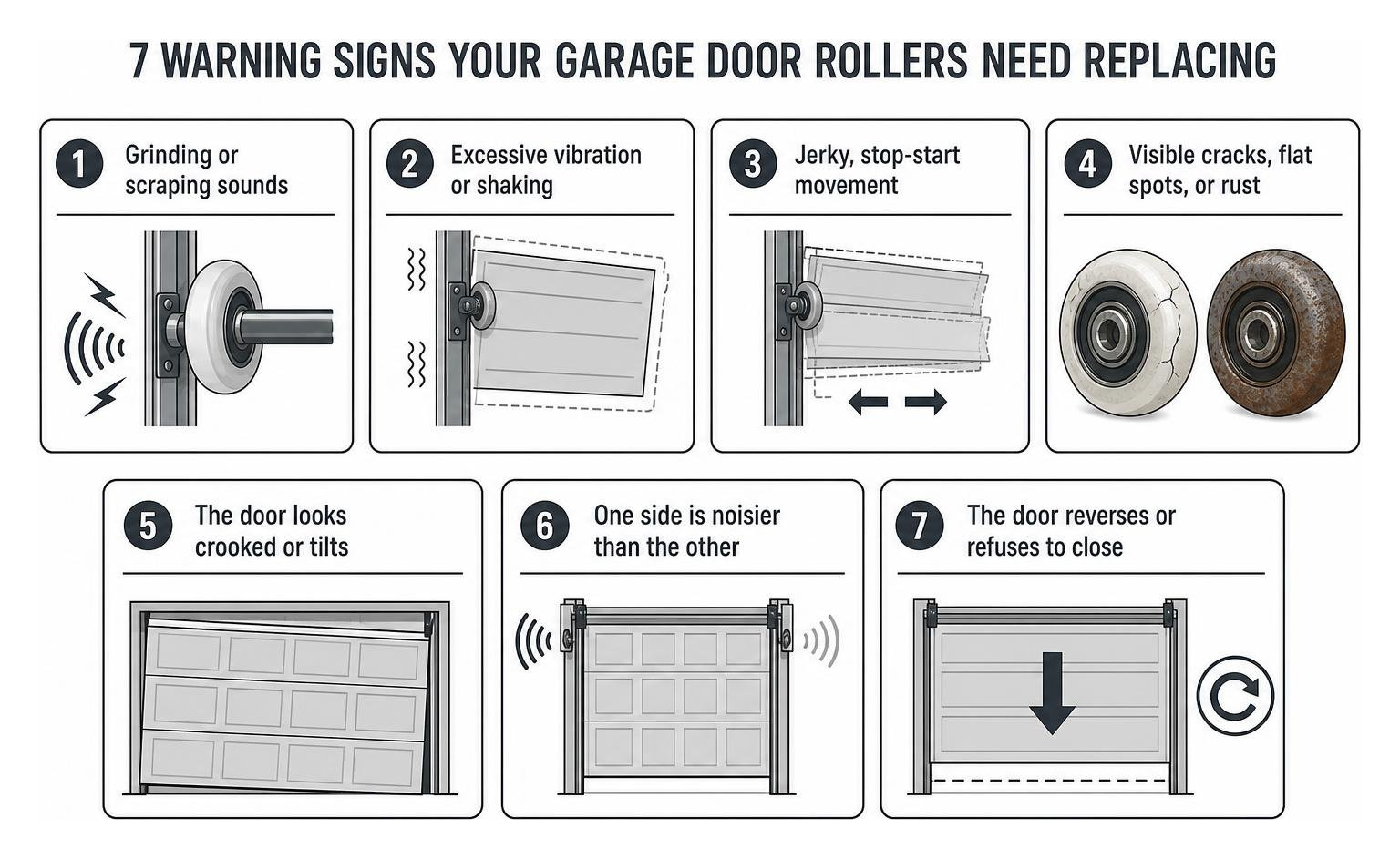 infographic showing 7 warning signs that garage door rollers need replacing with visual examples