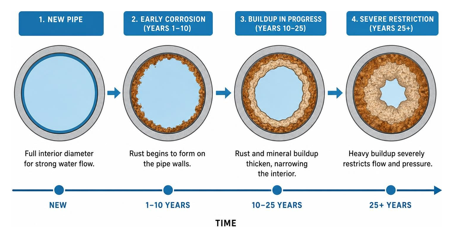 Diagram showing pipe interior narrowing over time due to rust and mineral buildup Diagram showing pipe interior narrowing over time due to rust and mineral buildup