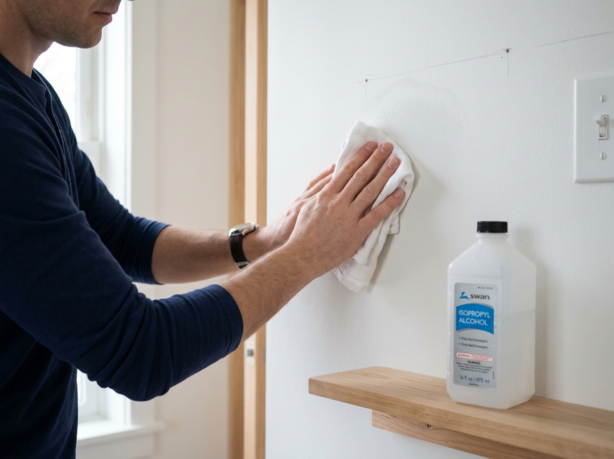 Cleaning the wall surface with rubbing alcohol before installing the ledge - command strip display ledge
