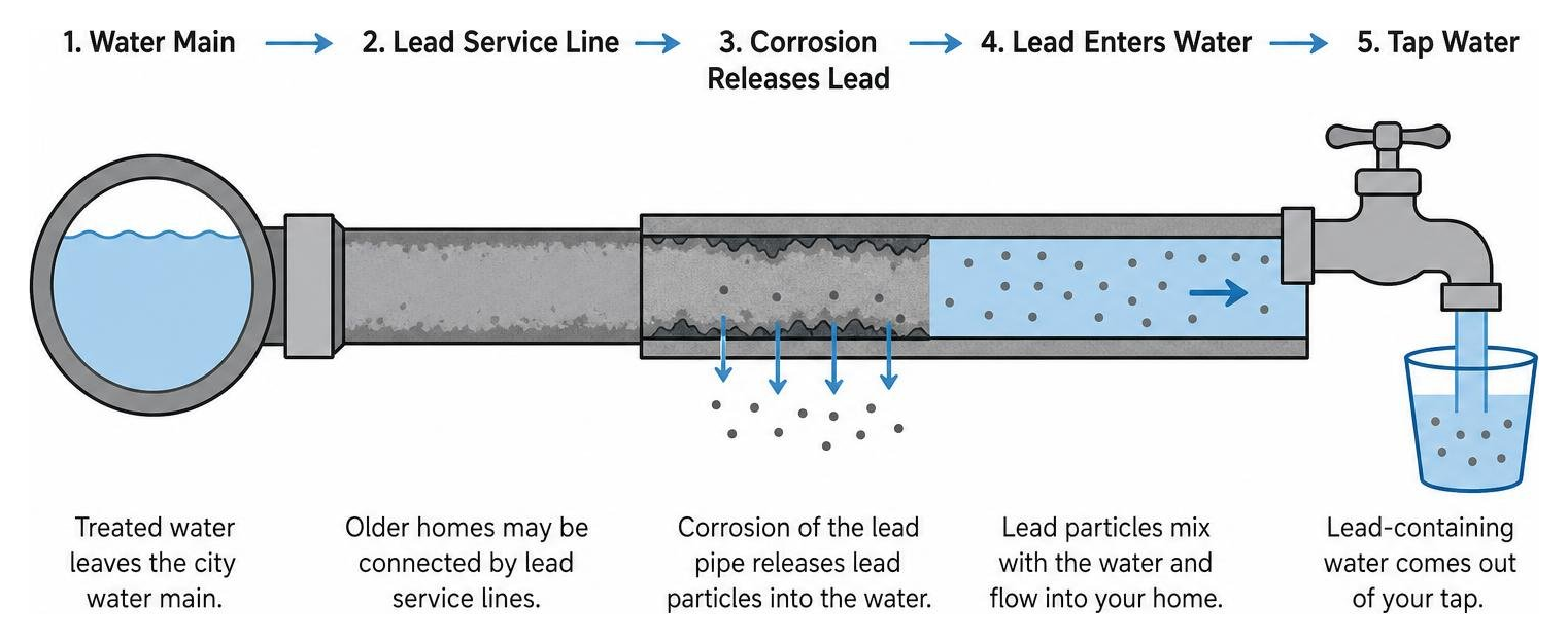 Lead service line diagram showing lead leaching into tap water