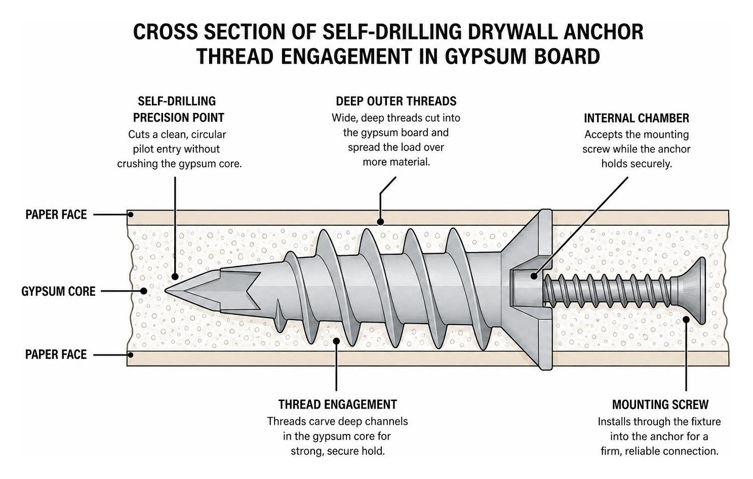 Cross section of self-drilling drywall anchor thread engagement in gypsum board Cross section of self-drilling drywall anchor thread engagement in gypsum board