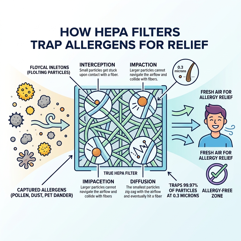 Infographic showing how HEPA filters trap pollen, dust, and pet dander at 0.3 microns for allergy relief - air purifier for Infographic showing how HEPA filters trap pollen, dust, and pet dander at 0.3 microns for allergy relief - air purifier for