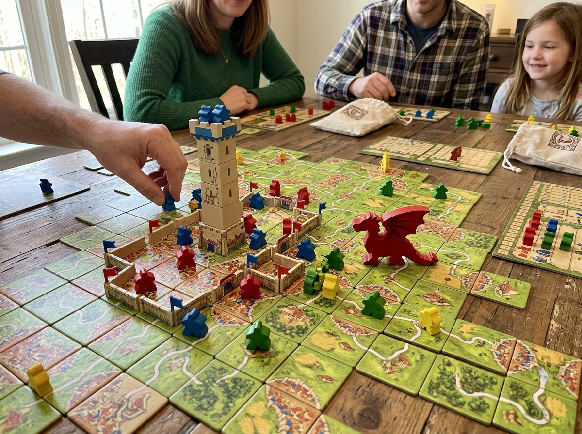 Dragon and Tower pieces on a Carcassonne board showing high player interaction - carcassonne expansions ranked list