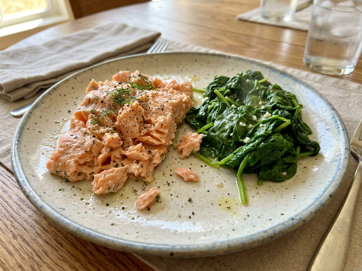 A soft-textured nutrient-dense meal featuring mashed salmon and steamed spinach - meal plans for senior citizens