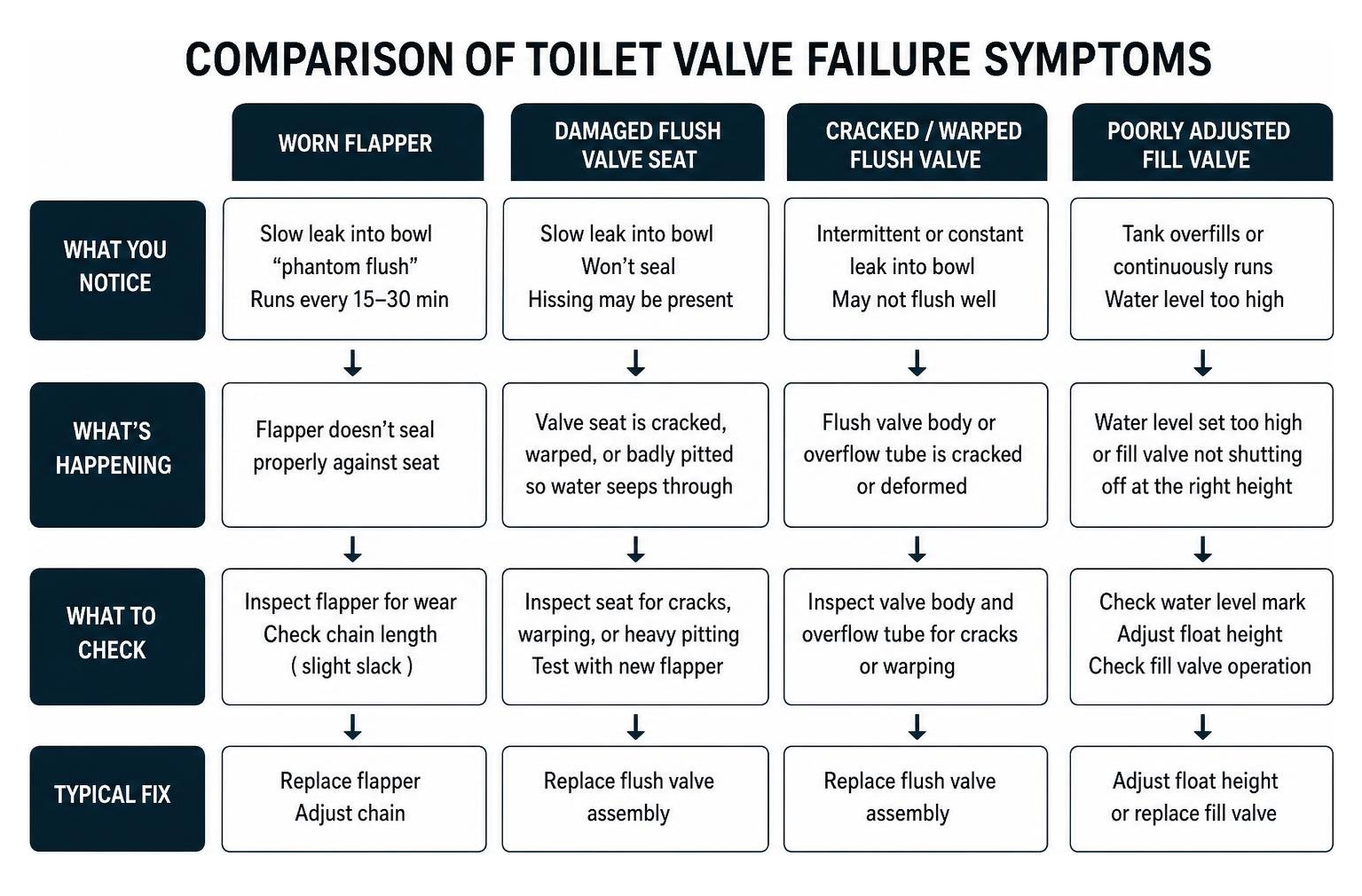 Comparison of toilet valve failure symptoms