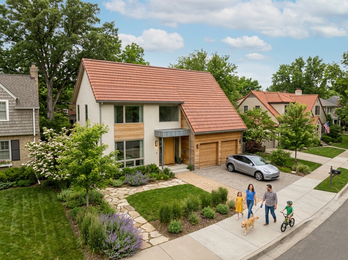 modern house with terracotta colored solar roof tiles blending into the neighborhood - building integrated solar panels modern house with terracotta colored solar roof tiles blending into the neighborhood - building integrated solar panels
