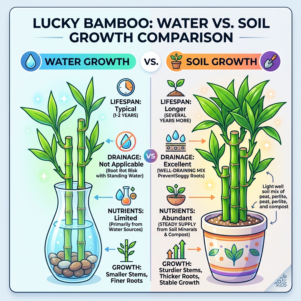 infographic comparing lucky bamboo growth in water vs soil with lifespan drainage and nutrient benefits - best soil for infographic comparing lucky bamboo growth in water vs soil with lifespan drainage and nutrient benefits - best soil for