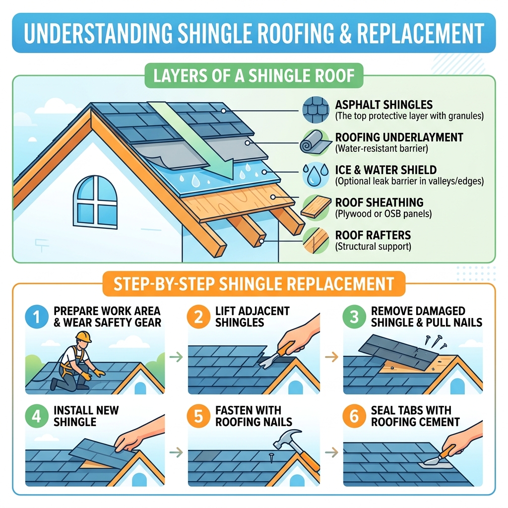 Infographic showing layers of a standard asphalt shingle roof and step-by-step shingle replacement process - replace roofing