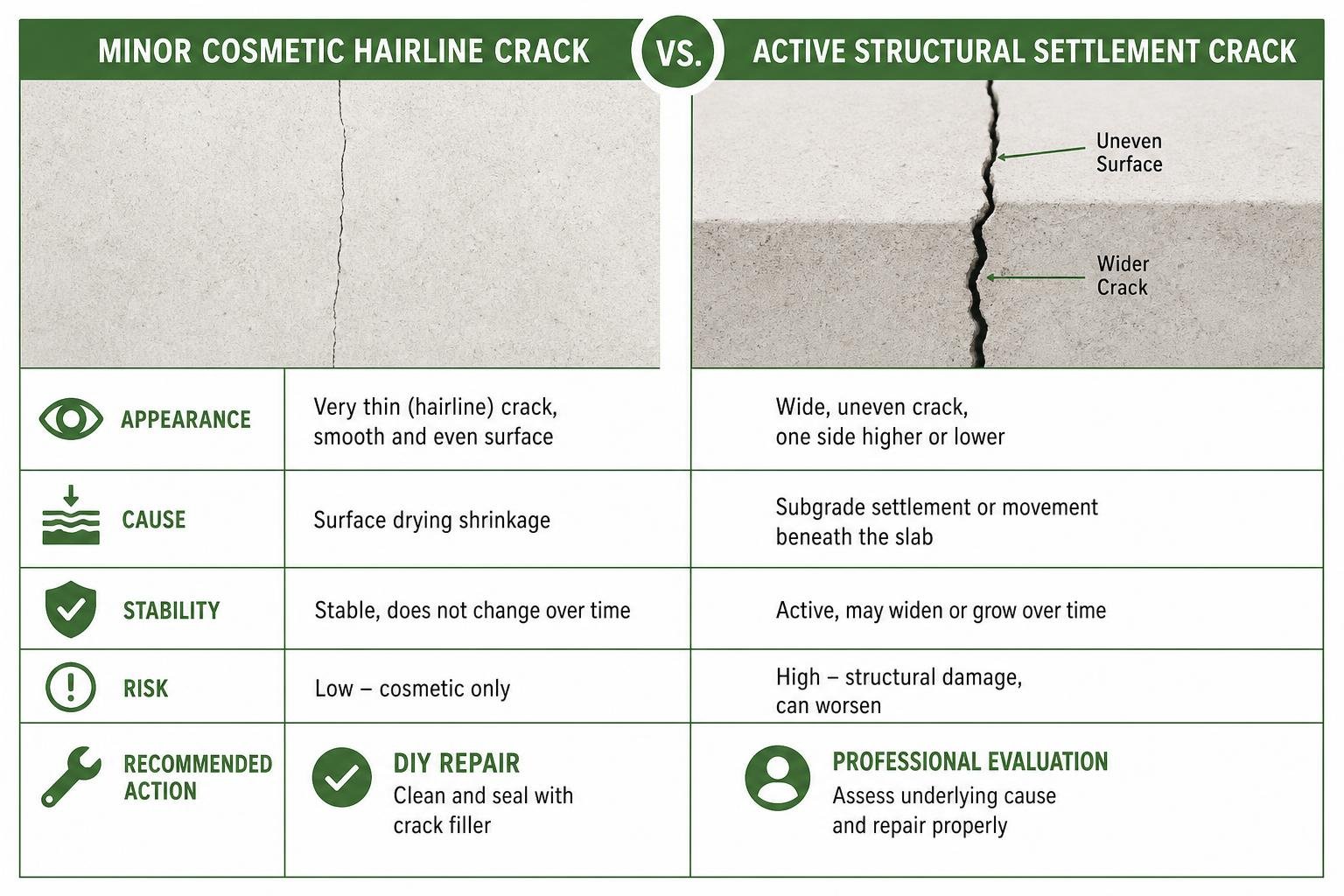 diagram showing the difference between a minor cosmetic hairline crack and an active structural settlement crack