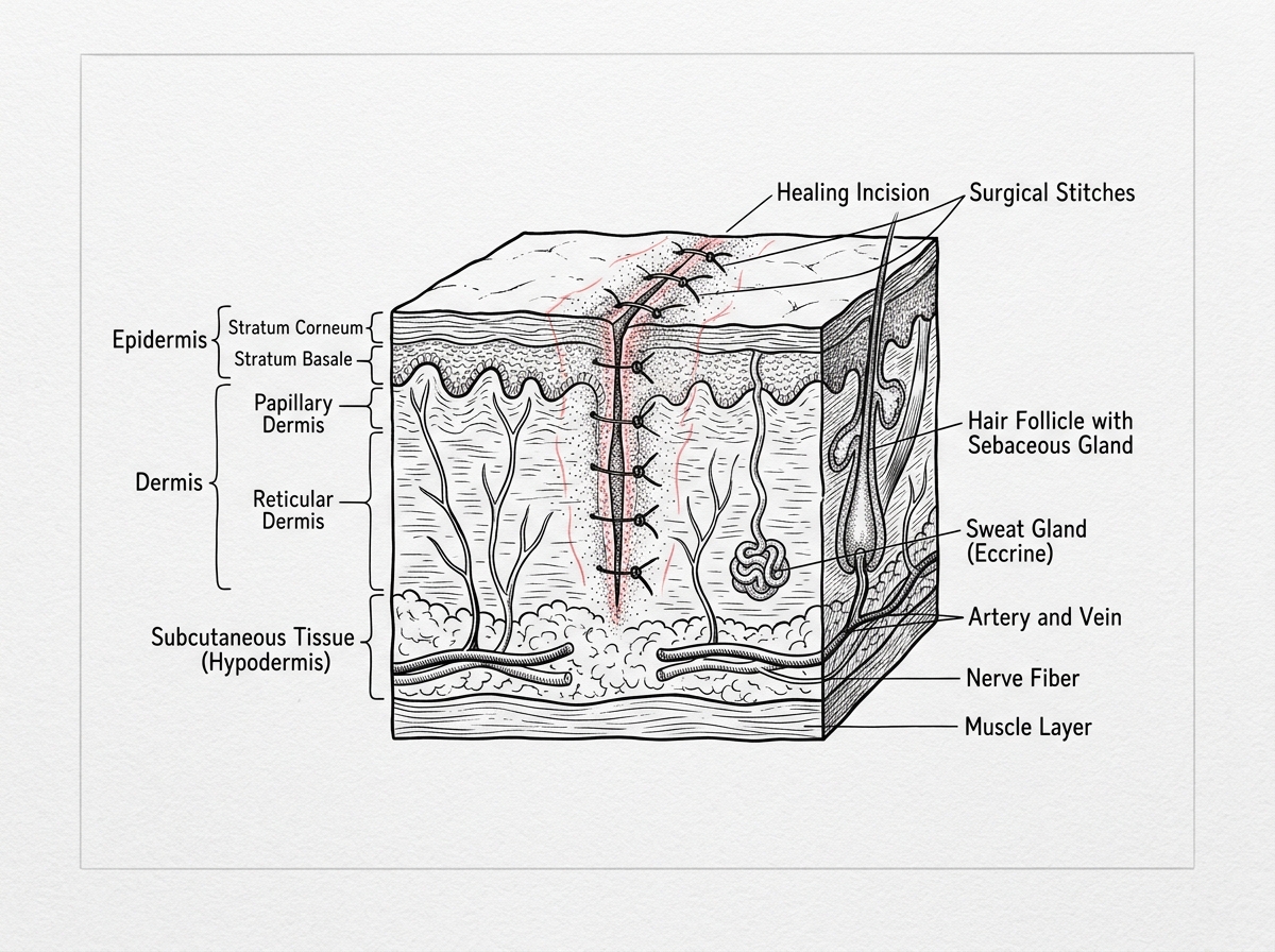 Pen-and-ink style illustration of a skin cross-section showing the different layers of the dermis and a healing incision Pen-and-ink style illustration of a skin cross-section showing the different layers of the dermis and a healing incision