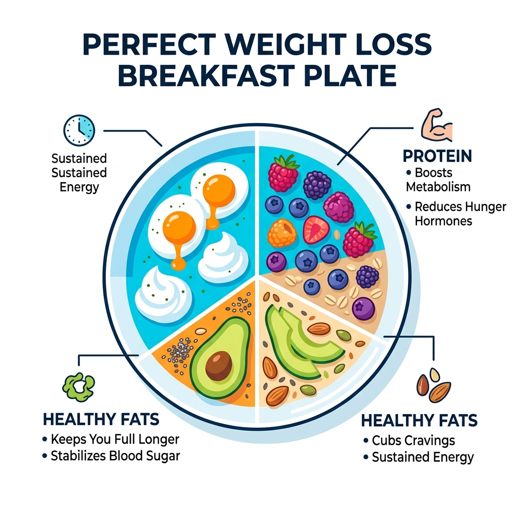 Perfect Weight Loss Breakfast Plate showing protein, fiber, and healthy fats proportions - Breakfast for weight loss