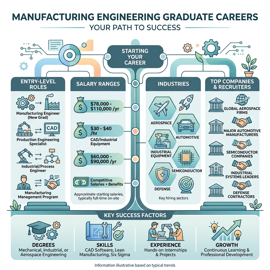 Manufacturing engineering career path infographic showing entry-level roles, salary ranges, industries, and top companies