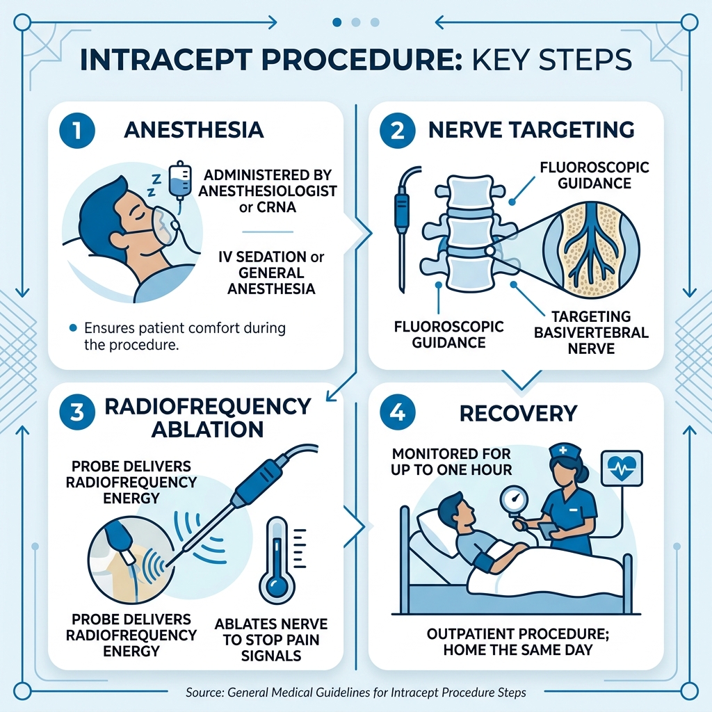 Intracept procedure steps infographic showing anesthesia, nerve targeting, radiofrequency ablation, and recovery - intracept