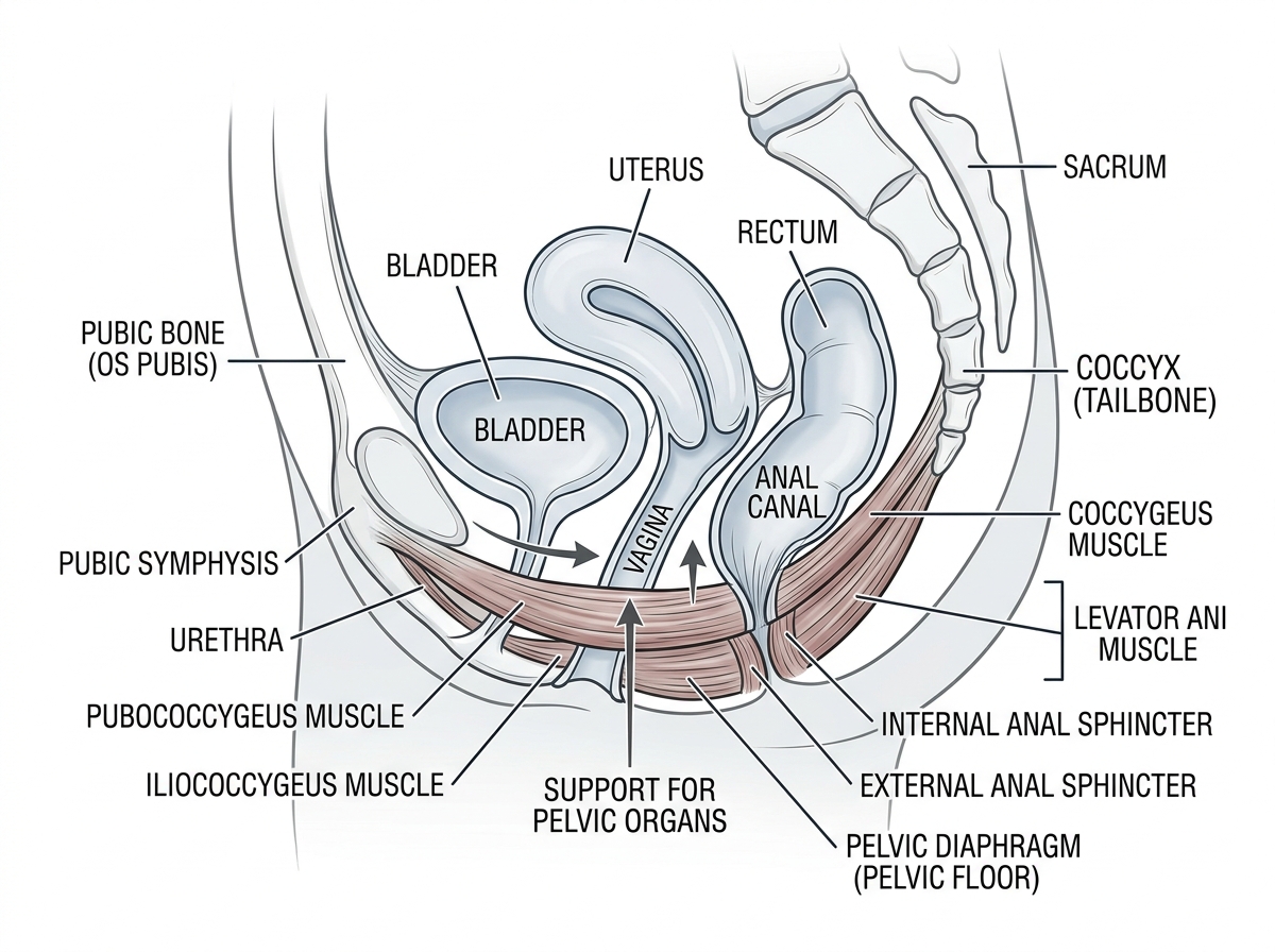 Anatomy diagram of female pelvic floor muscles supporting the bladder uterus and rectum - pelvic floor strengthening