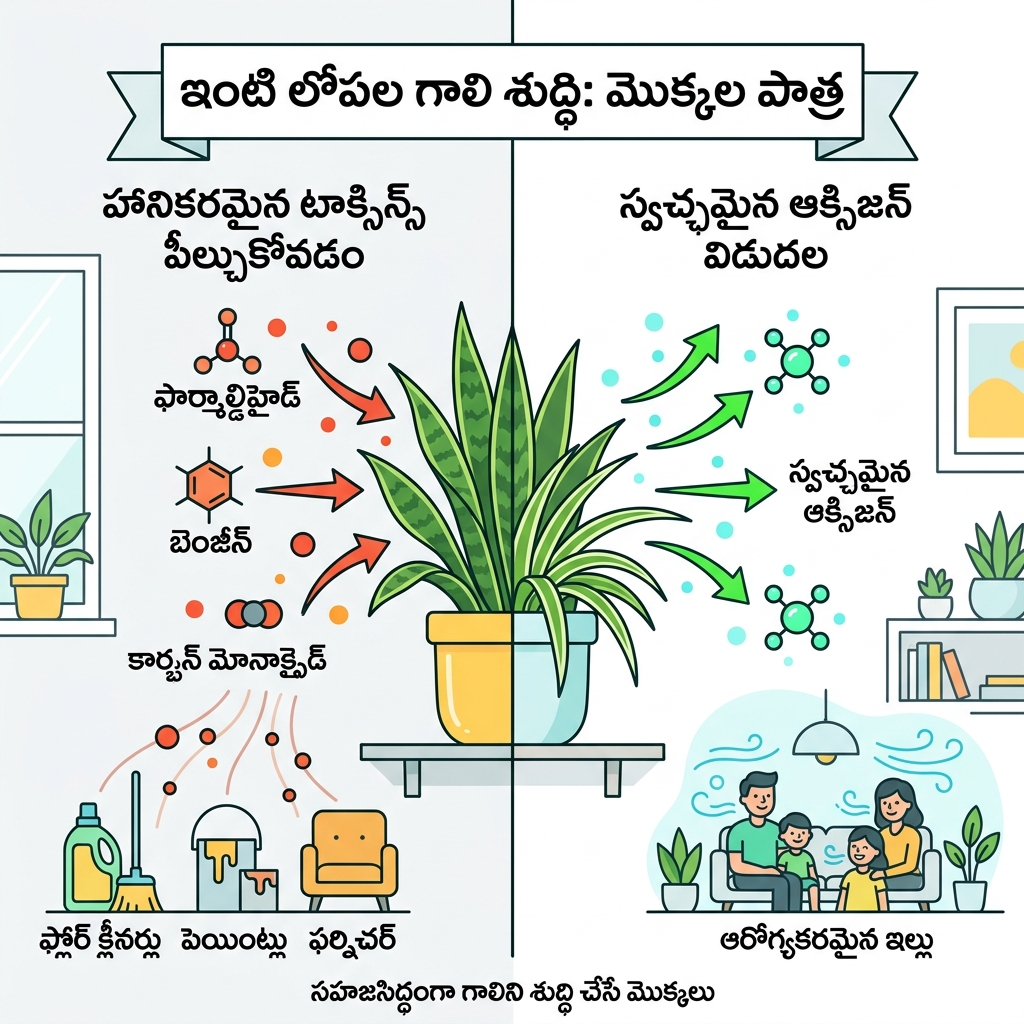 infographic showing how indoor plants absorb toxins and release oxygen in home spaces - air purifier plants in telugu