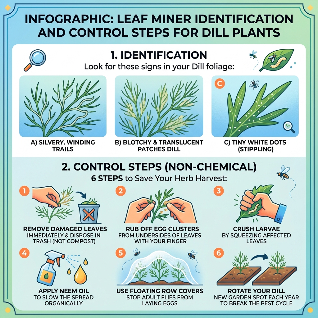 Infographic: Leaf miner identification and control steps for dill plants - leaf miners in dill infographic 