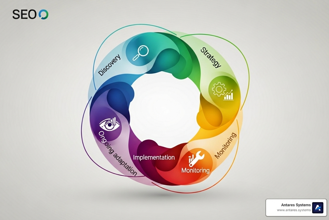 SEO process diagram showing steps from audit and strategy to implementation, monitoring, and continuous adaptation for optimal search engine performance - seo marketing services SEO process diagram showing steps from audit and strategy to implementation, monitoring, and continuous adaptation for optimal search engine performance - seo marketing services