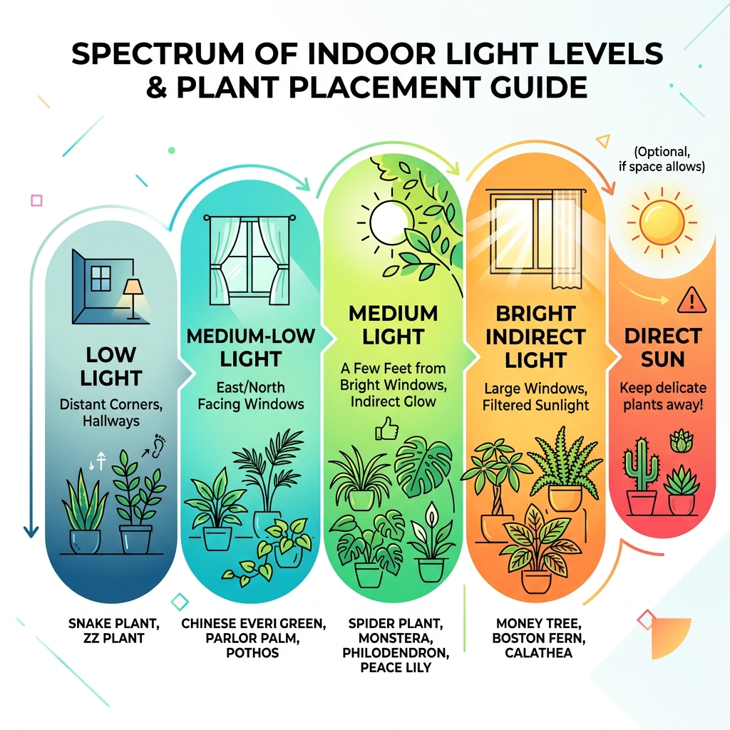 Spectrum of indoor light levels from low to bright with plant placement guide - best medium light houseplants infographic 