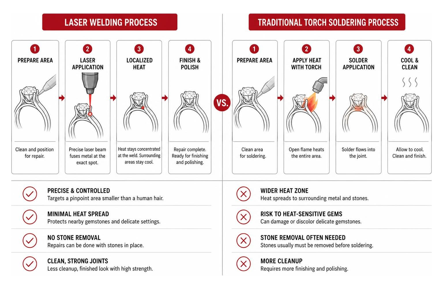 Diagram showing laser welding process versus traditional torch soldering Diagram showing laser welding process versus traditional torch soldering