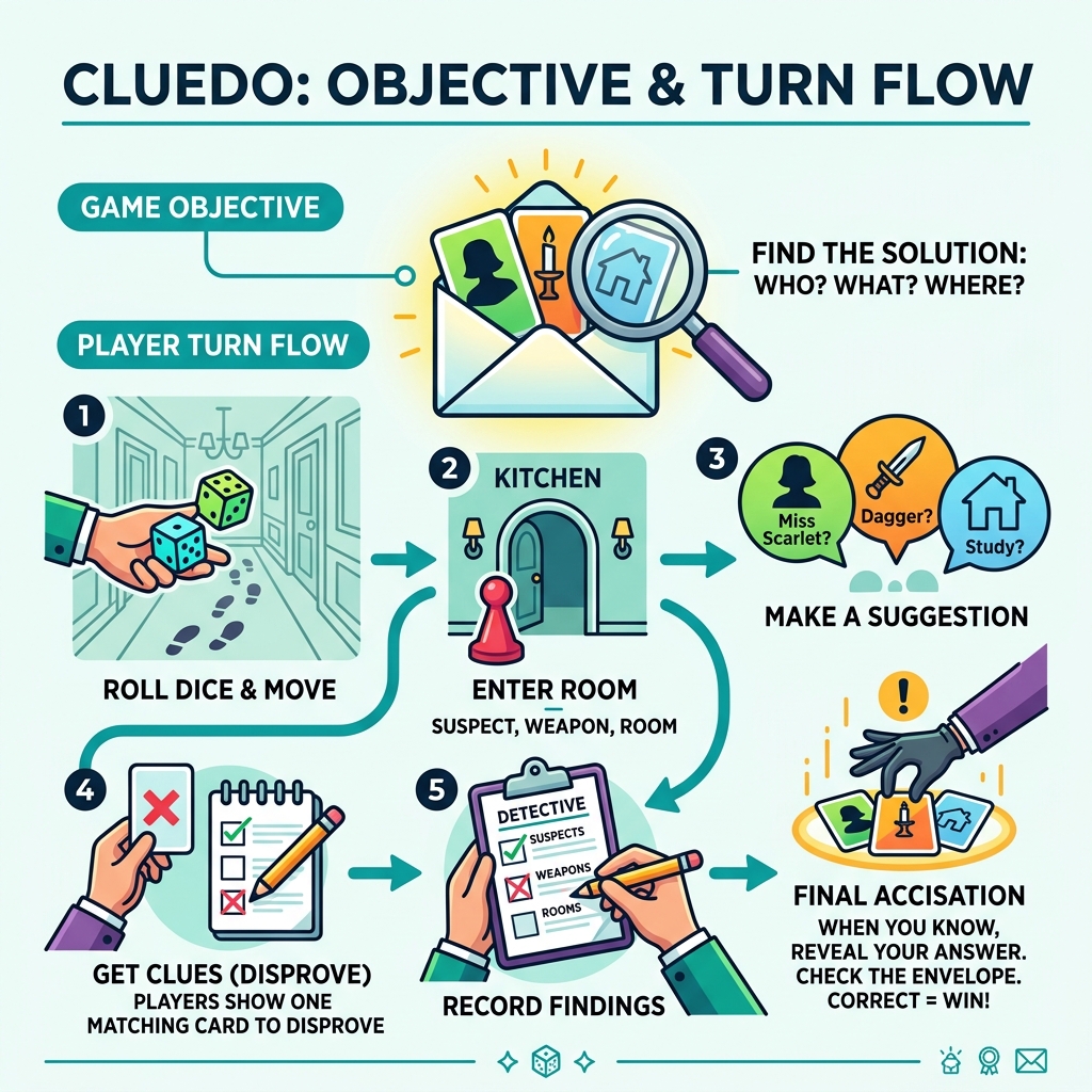 Cluedo game objective and turn flow infographic - cluedo game guide infographic 