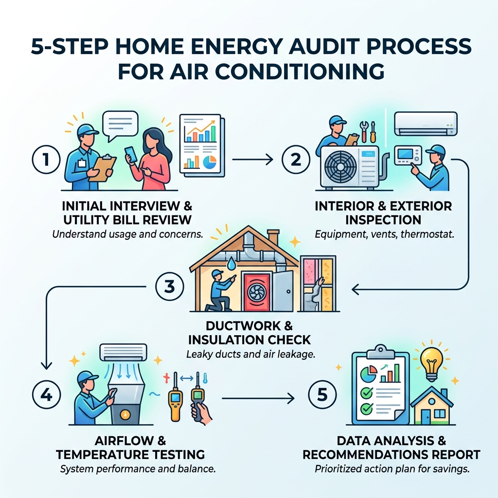 5-step home energy audit process overview for air conditioning - air conditioning energy assessment infographic 