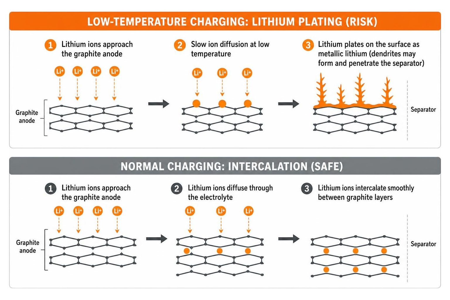 Low-temperature lithium plating vs normal intercalation