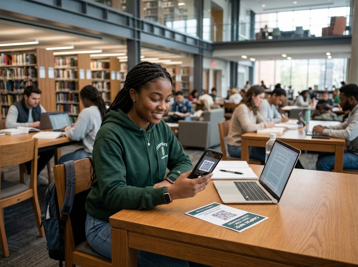 student scanning a QR code at a library desk - ai library seat booker