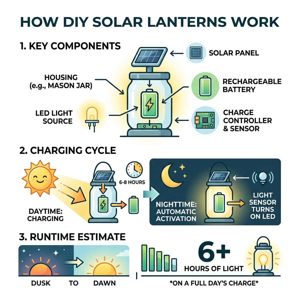 How DIY solar lanterns work - components, charging cycle, and runtime infographic - diy solar lanterns infographic 