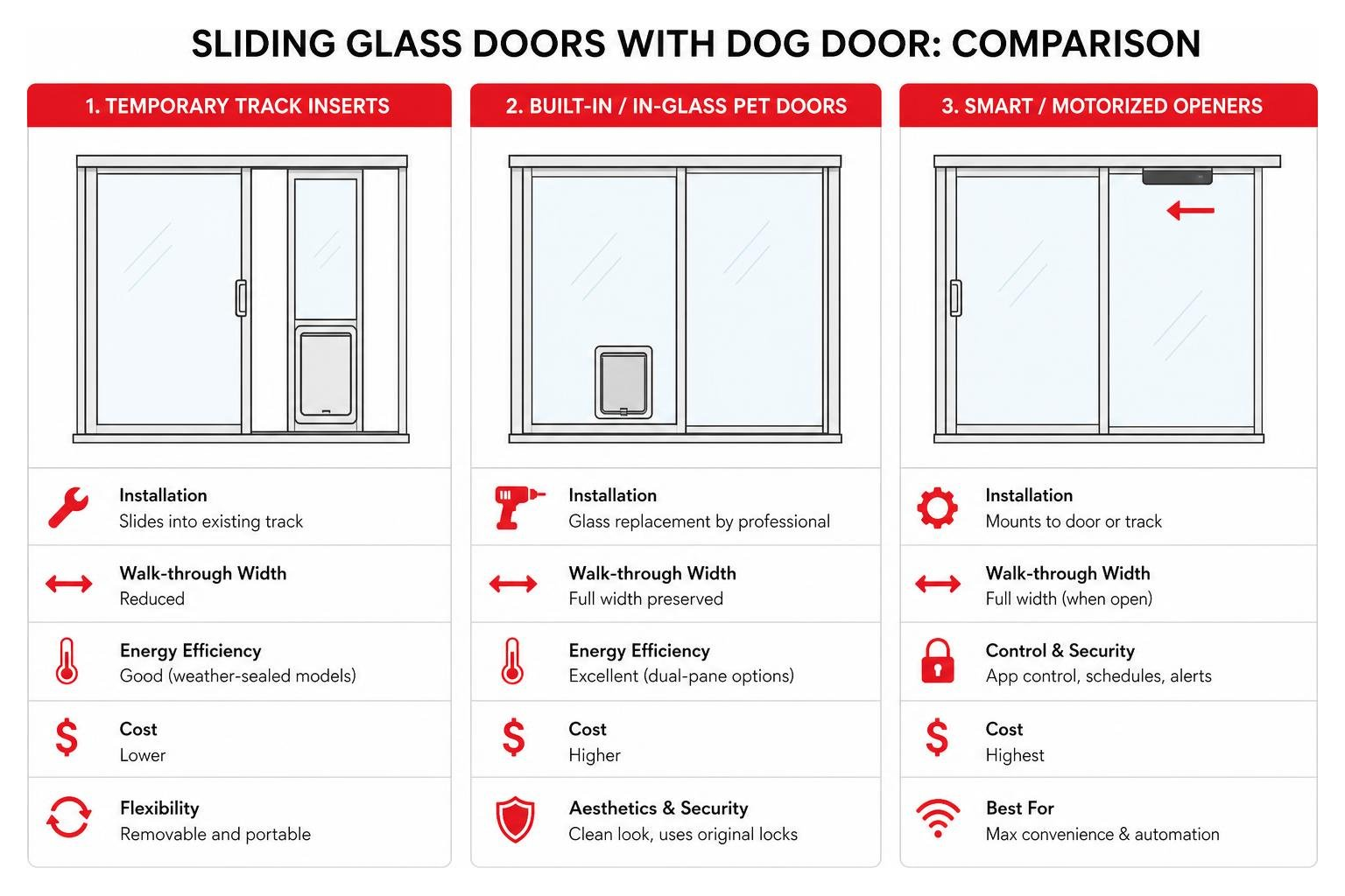 Comparison diagram of built-in pet doors, temporary inserts, and smart sliding door openers Comparison diagram of built-in pet doors, temporary inserts, and smart sliding door openers
