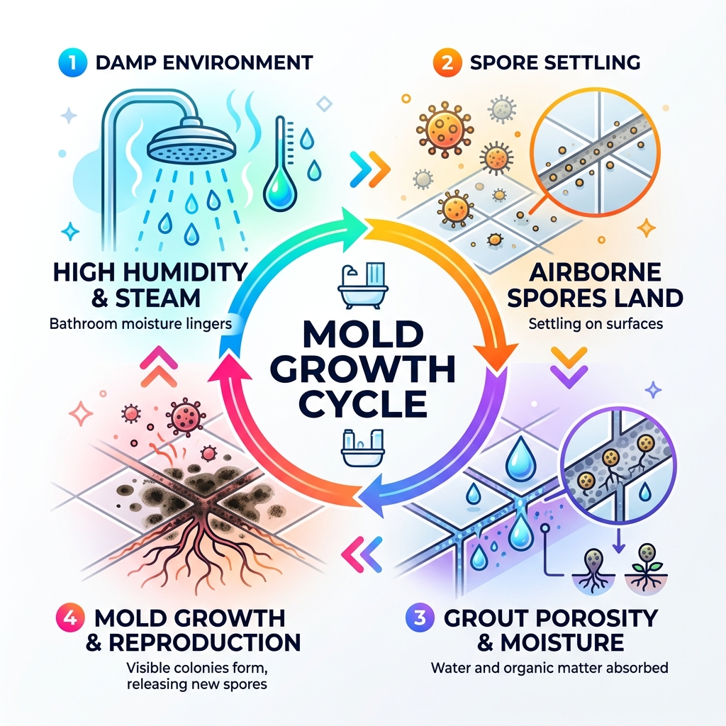 Mold growth cycle in damp bathroom environments showing spores, moisture, and grout porosity - mold remover for grout Mold growth cycle in damp bathroom environments showing spores, moisture, and grout porosity - mold remover for grout