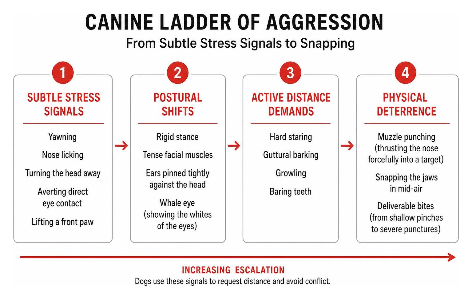 Canine ladder of aggression from subtle stress signals to snapping