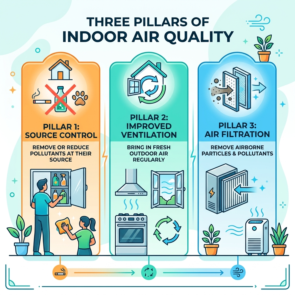 Three pillars of indoor air quality: source control, ventilation, and air filtration - indoor air quality tips infographic Three pillars of indoor air quality: source control, ventilation, and air filtration - indoor air quality tips infographic