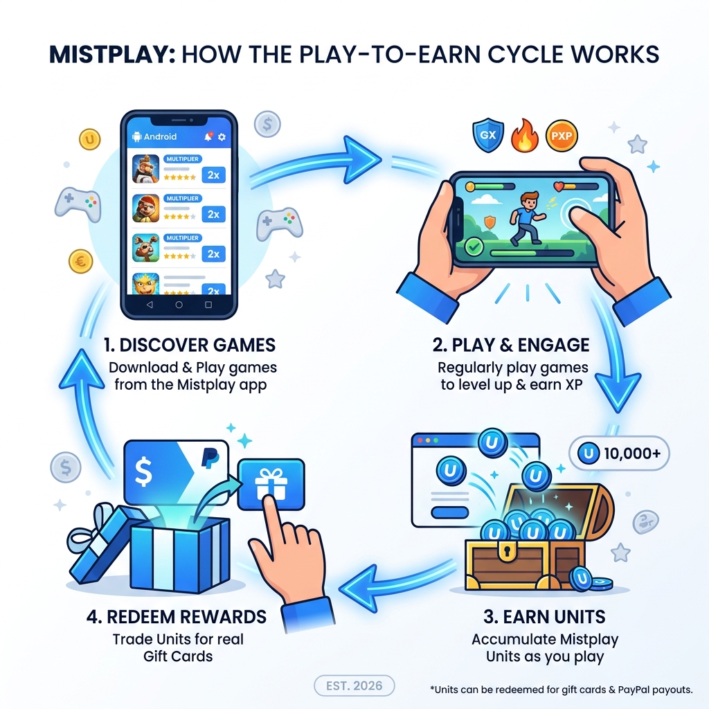 Mistplay play-to-earn cycle infographic showing how users earn Units and redeem for gift cards - Is Mistplay a scam Mistplay play-to-earn cycle infographic showing how users earn Units and redeem for gift cards - Is Mistplay a scam