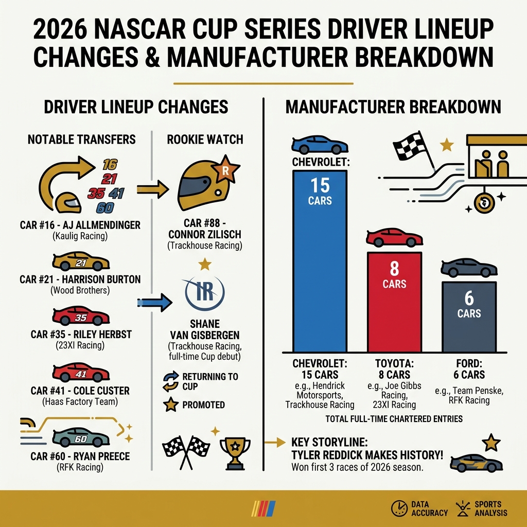 2026 NASCAR Cup Series driver lineup changes and manufacturer breakdown infographic - 2026 nascar cup drivers list 2026 NASCAR Cup Series driver lineup changes and manufacturer breakdown infographic - 2026 nascar cup drivers list