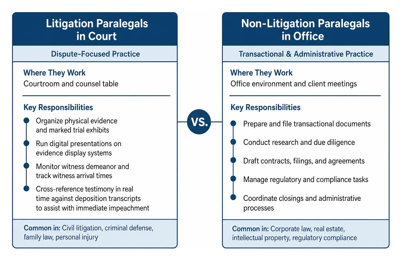 Comparison diagram of litigation paralegals in court vs non-litigation paralegals in office Comparison diagram of litigation paralegals in court vs non-litigation paralegals in office