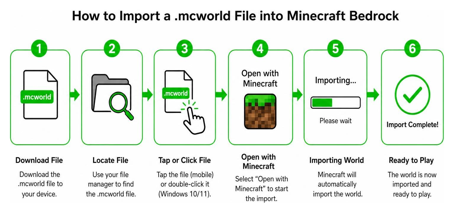 Diagram showing the step-by-step process of importing a .mcworld file into Minecraft Bedrock Diagram showing the step-by-step process of importing a .mcworld file into Minecraft Bedrock