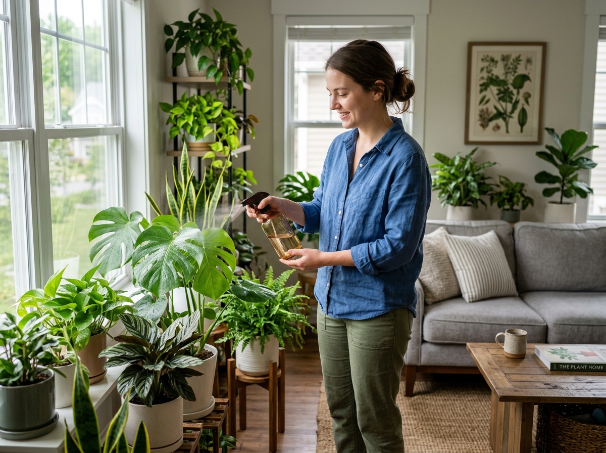 Person misting indoor plants to increase local humidity - Indoor plant health