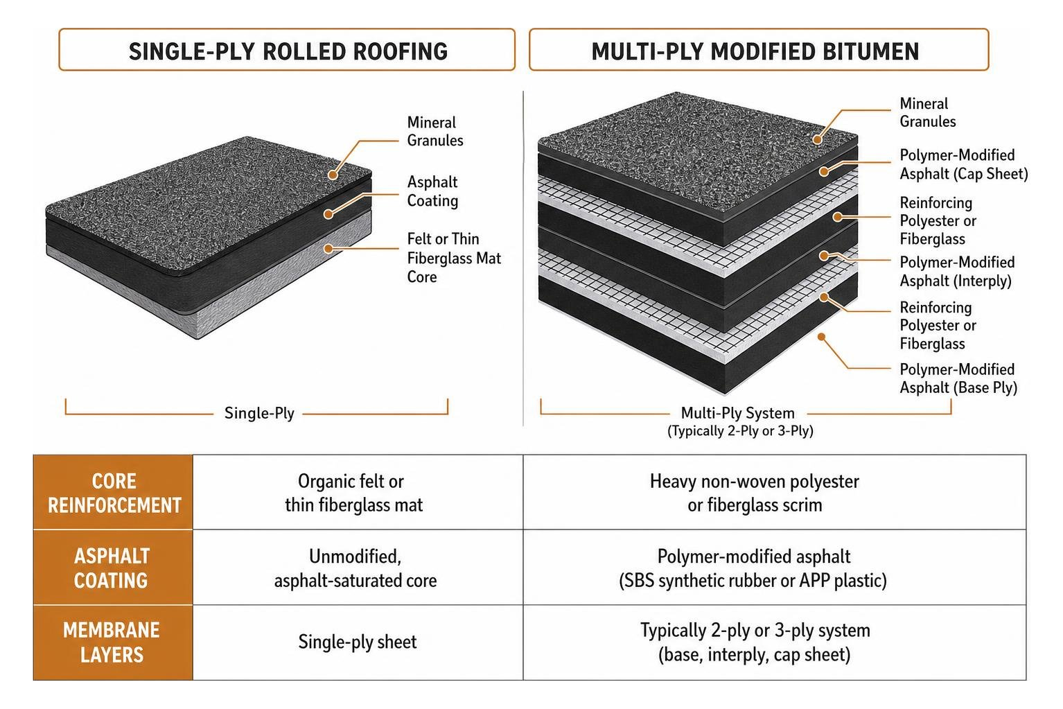 Structural layer comparison between single-ply roll roofing and multi-ply modified bitumen Structural layer comparison between single-ply roll roofing and multi-ply modified bitumen