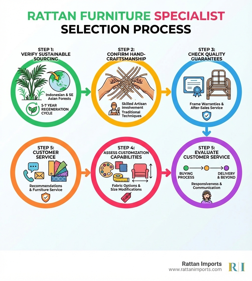 Infographic showing the rattan furniture specialist selection process: Step 1 - Verify sustainable sourcing from Indonesian or Southeast Asian forests with 5-7 year regeneration cycle; Step 2 - Confirm hand-craftsmanship techniques and skilled artisan involvement; Step 3 - Check quality guarantees, frame warranties, and after-sales service; Step 4 - Assess customization capabilities including fabric options and size modifications; Step 5 - Evaluate customer service responsiveness and communication throughout the buying process - Rattan furniture specialists infographic 