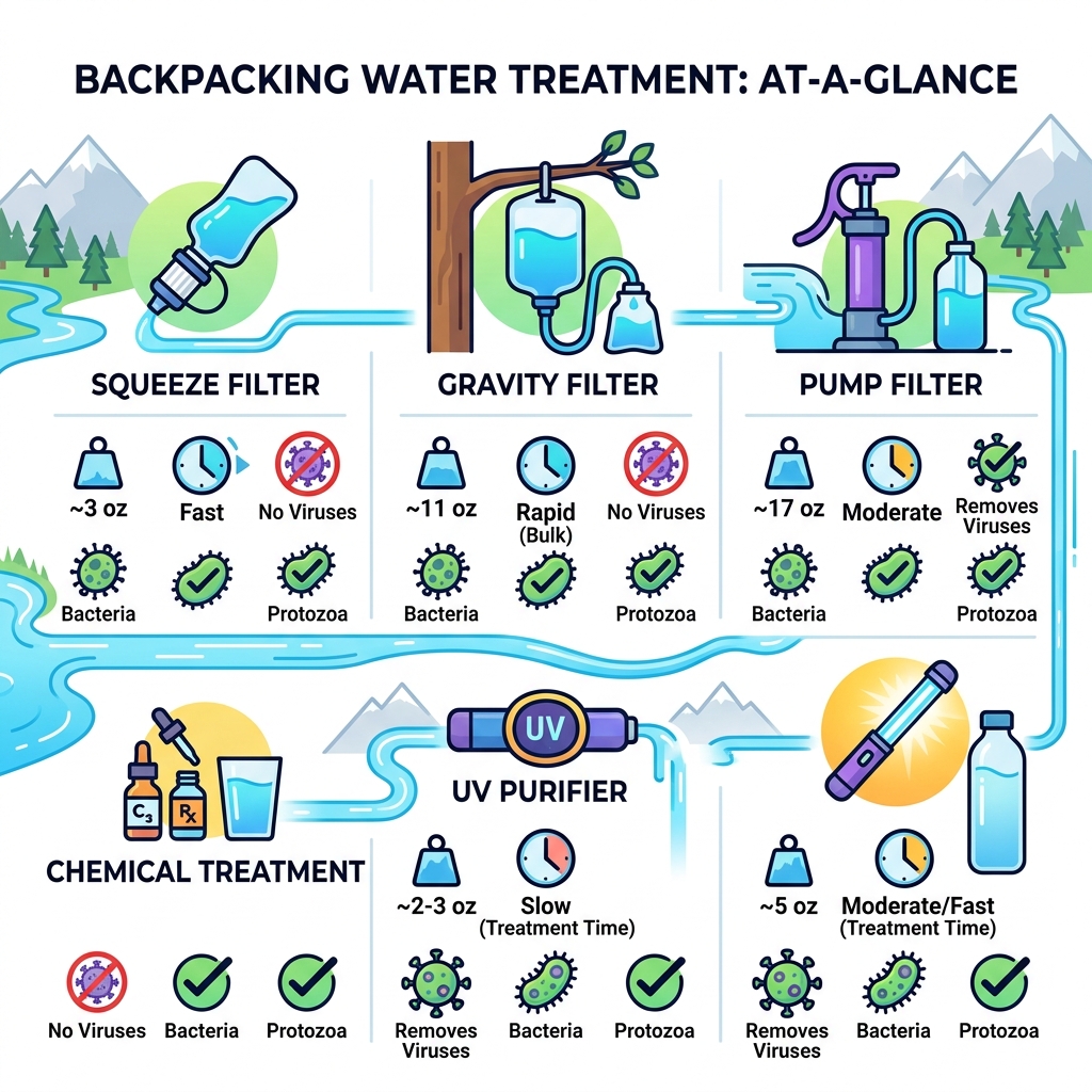 Infographic showing the 5 main backpacking water treatment types with weight, speed, and pathogen removal at a glance