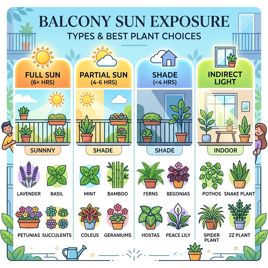 infographic showing balcony sun exposure types and best plant choices for each condition - apartment balcony plant ideas