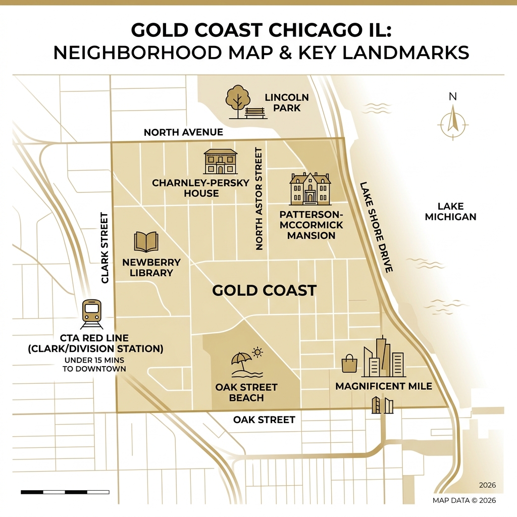 Gold Coast Chicago neighborhood map with boundaries and key landmarks - gold coast chicago il apartments infographic Gold Coast Chicago neighborhood map with boundaries and key landmarks - gold coast chicago il apartments infographic